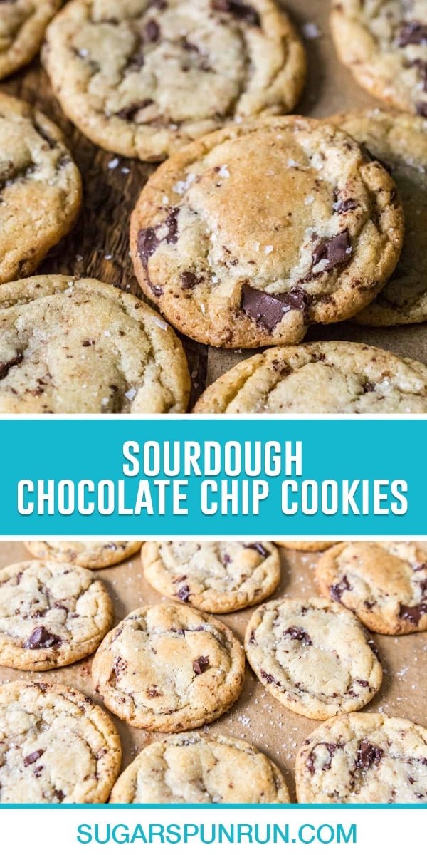 collage of sourdough chocolate chip cookies, top image is a close up cookies, bottom image photographed further away