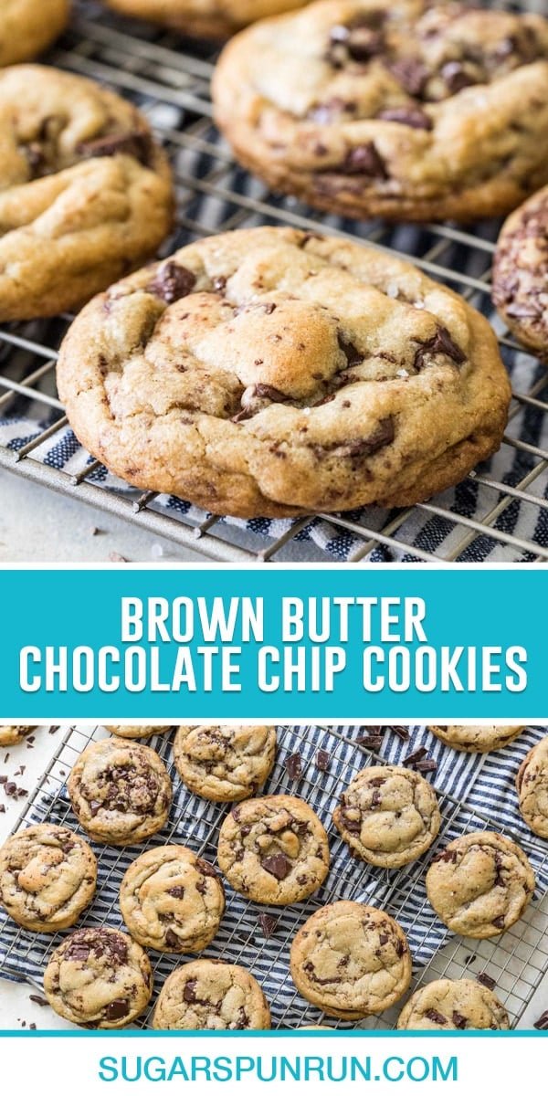 collage of brown butter chocolate chip cookies, top image of single cookie close up, bottom image of multiple cookies on cooling rack photographed from above