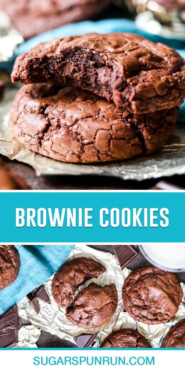 collage of brownie cookies, top image of two cookies stacked, top image with bite taken out, bottom image of cookie photographed from above torn apart