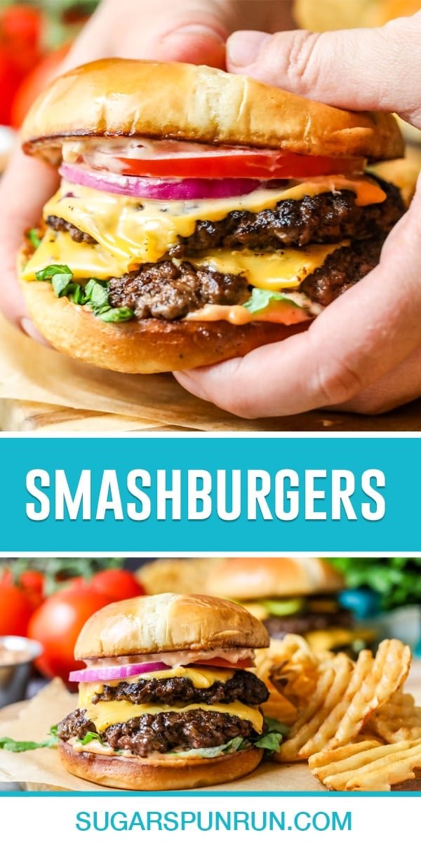 collage of smashburgers, top image close of burger in hands, bottom image of burger on plate with waffle fries