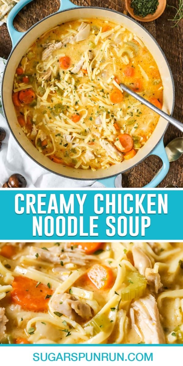 collage of creamy chicken noodle soup, top image photographed from above of soup in dutch oven, bottom image close up of soup itself