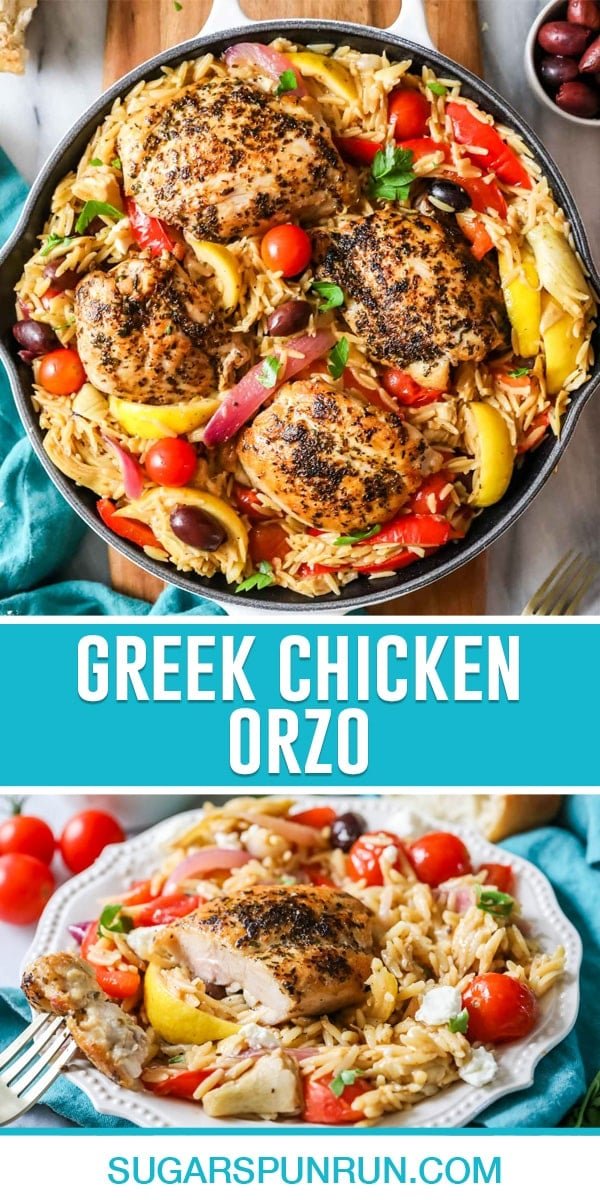 collage of greek chicken orzo, top image photographed from above of chicken and orzo in pan, bottom image is single serving on white plate