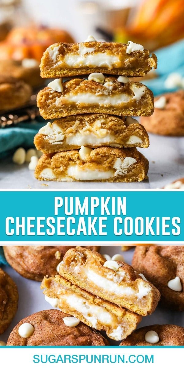 collage of pumpkin cheesecake cookies, top image of cookies sliced open and stacked, bottom image close up of inside of cookie