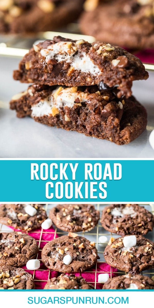collage of rocky road cookies, top image close up of cookie split showing inside of cookies, bottom image of cookies cooling on rack