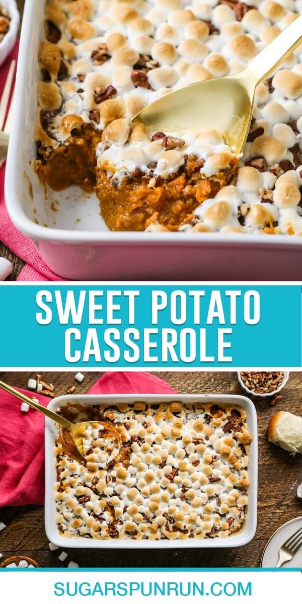 collage of sweet potato casserole, top image is a close up of dish with portion being scooped out, bottom image of casserole dish full of potatoes photographed from above