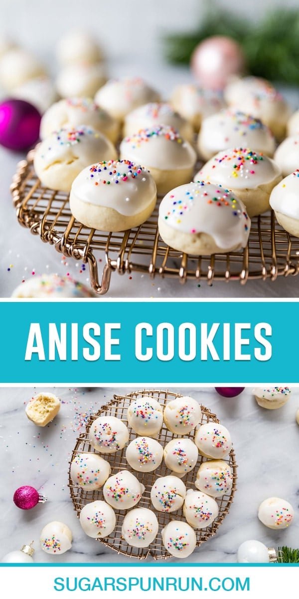 Two image collage of Anise Cookies, top oimage of multiple cookies on gold wire tray, bottom image same but photgraphed from above