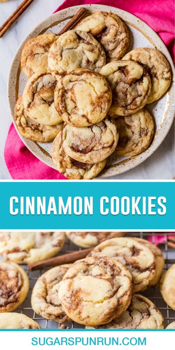 collage of cinnamon cookies, top image of multiple cookies on plate, bottom image close up of cookies on cooling rack