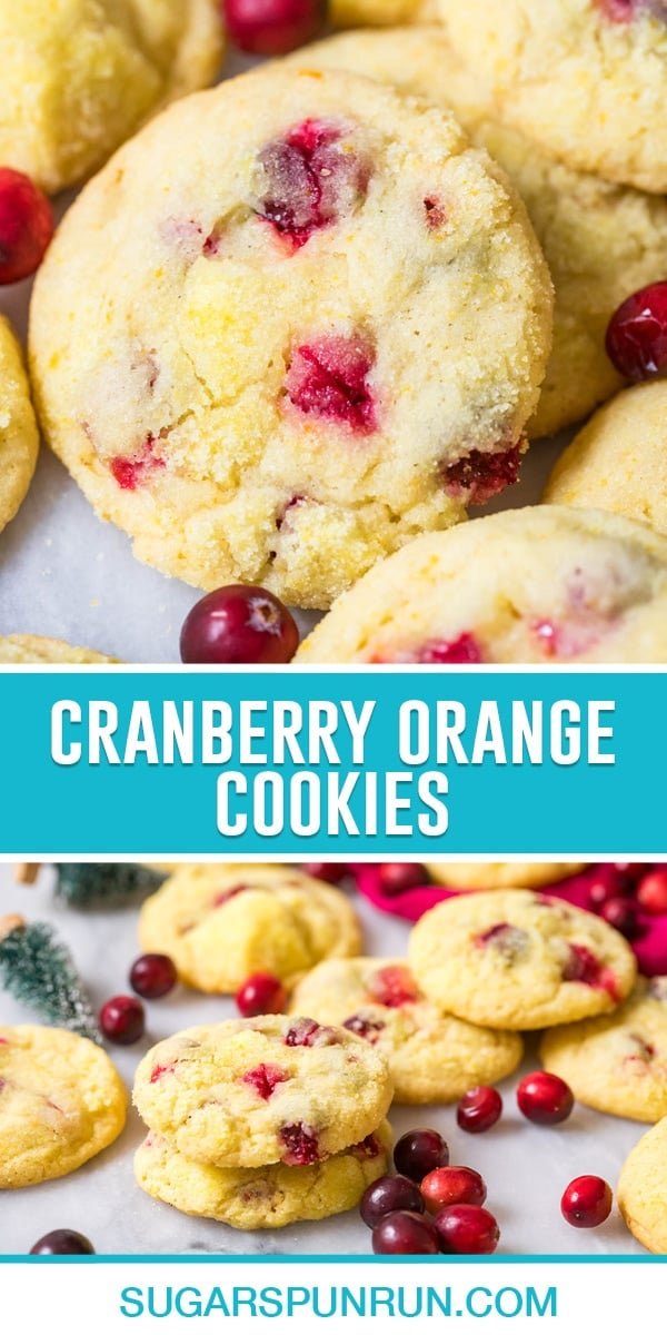 collage of cranberry orange cookies, top image is a close up of cookie, bottom image of multiple cookies, two cookies stacked