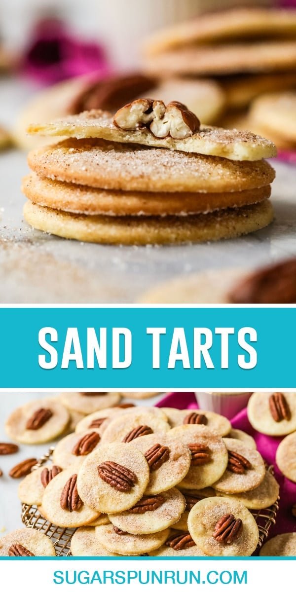 collage of sand tarts, top image of four cookies stacked, one with bite taken out, bottom image of multiple cookies on gold wrack stacked