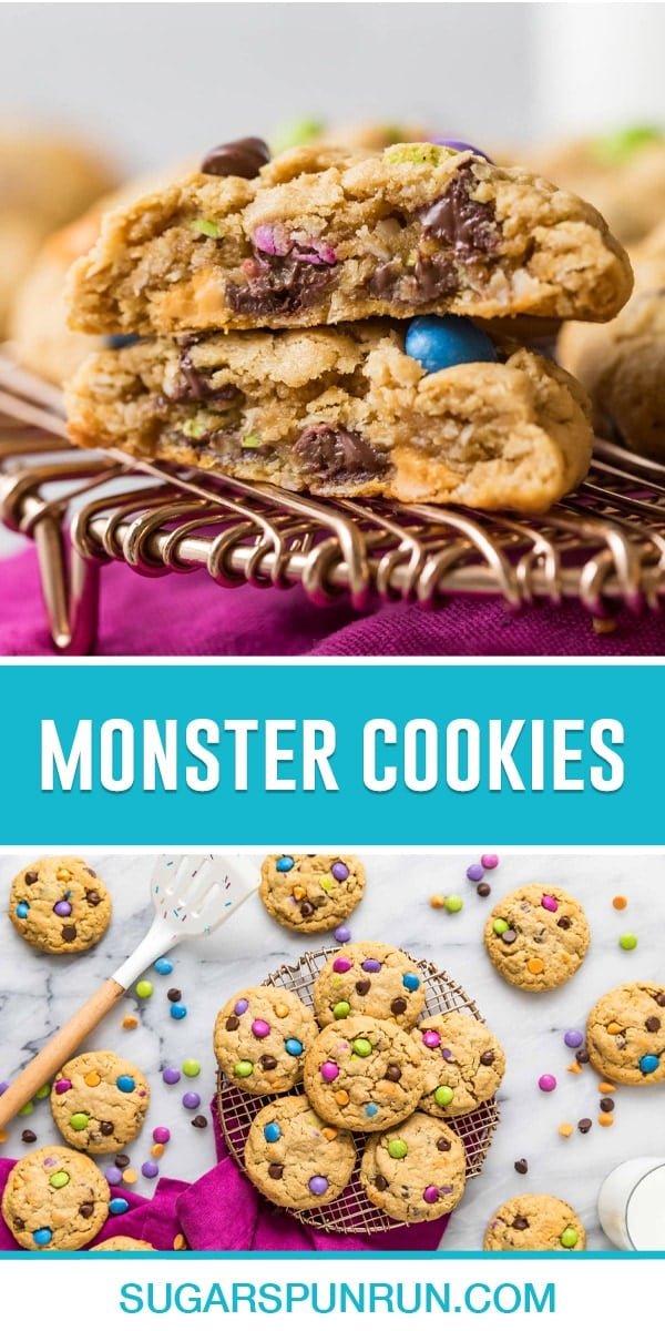 collage of monster cookies, top image of two cookies broken in half stacked, bottom image of cookies stacked on wire rack photographed from above