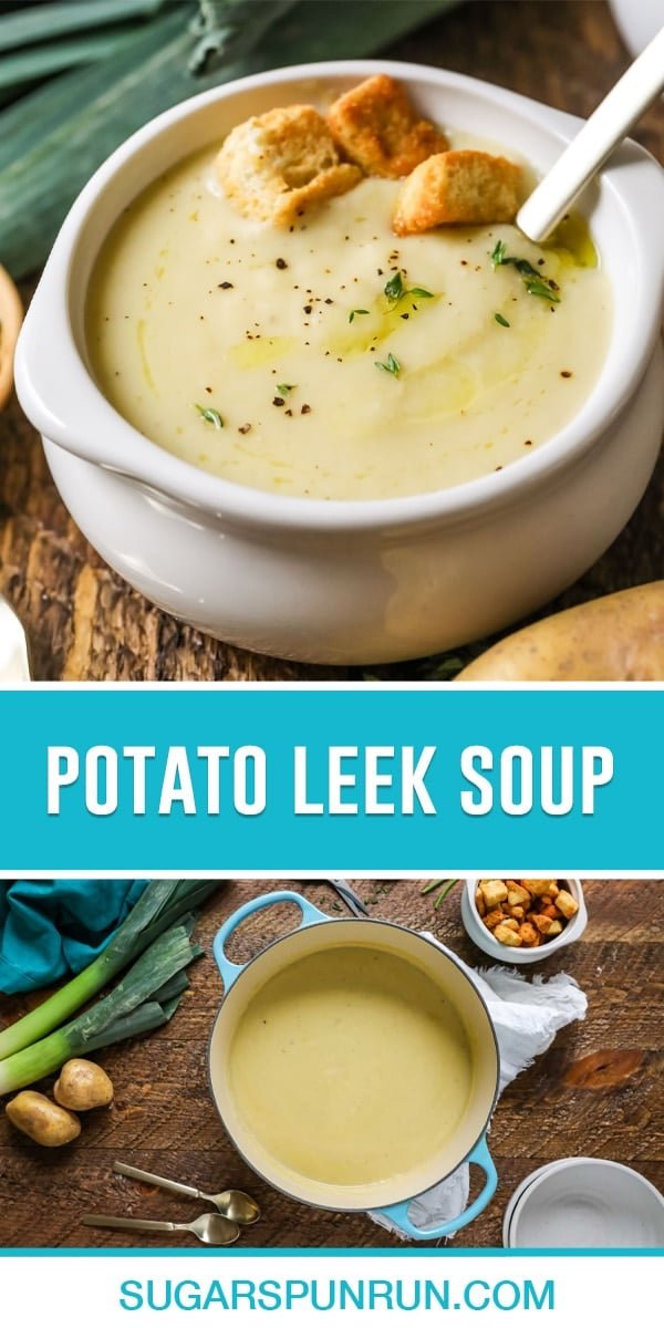 collage of potato leek soup, top image of single bowl of soup with spoon, bottom image of soup in pot with ingredients photographed from above