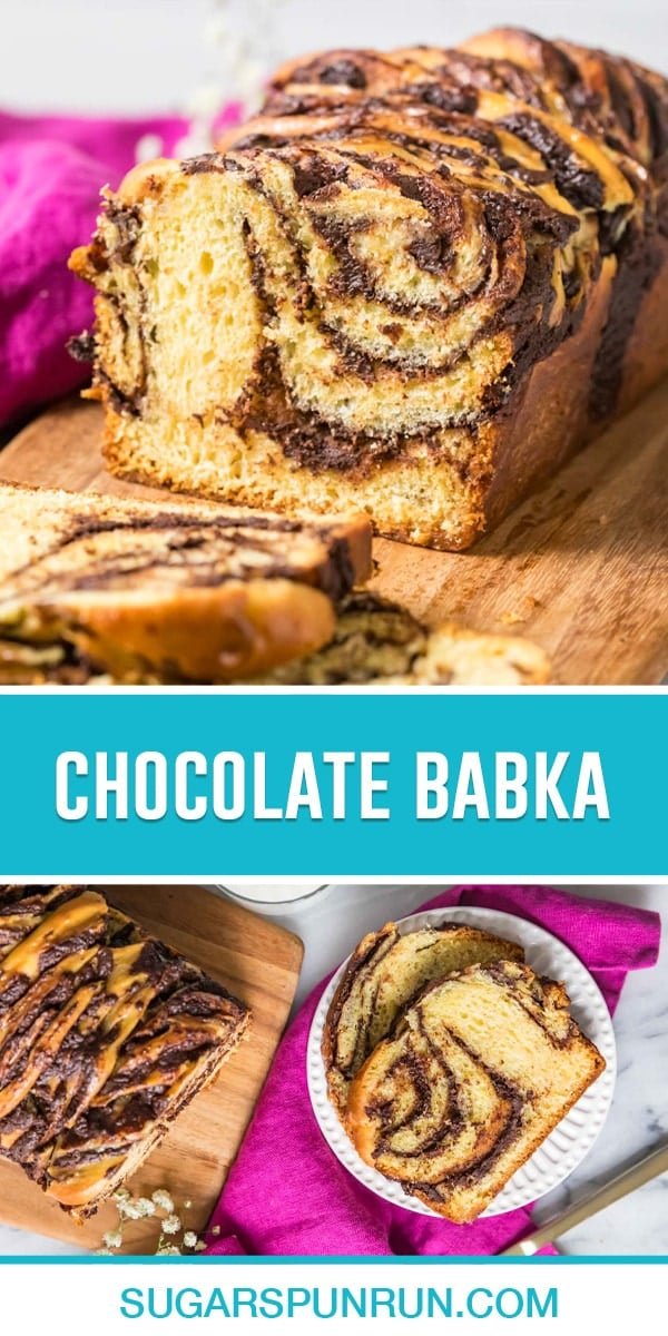 collage of babka, top image close up of loaf, bottom image loaf with two slices on white plate