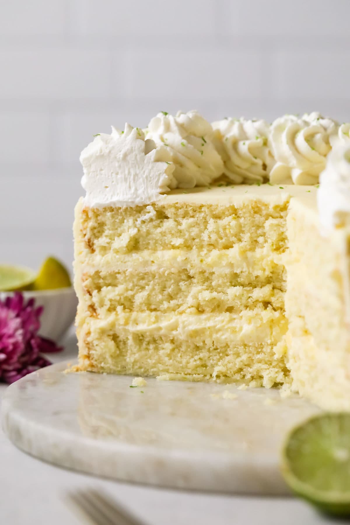 Cross section of a key lime cake.