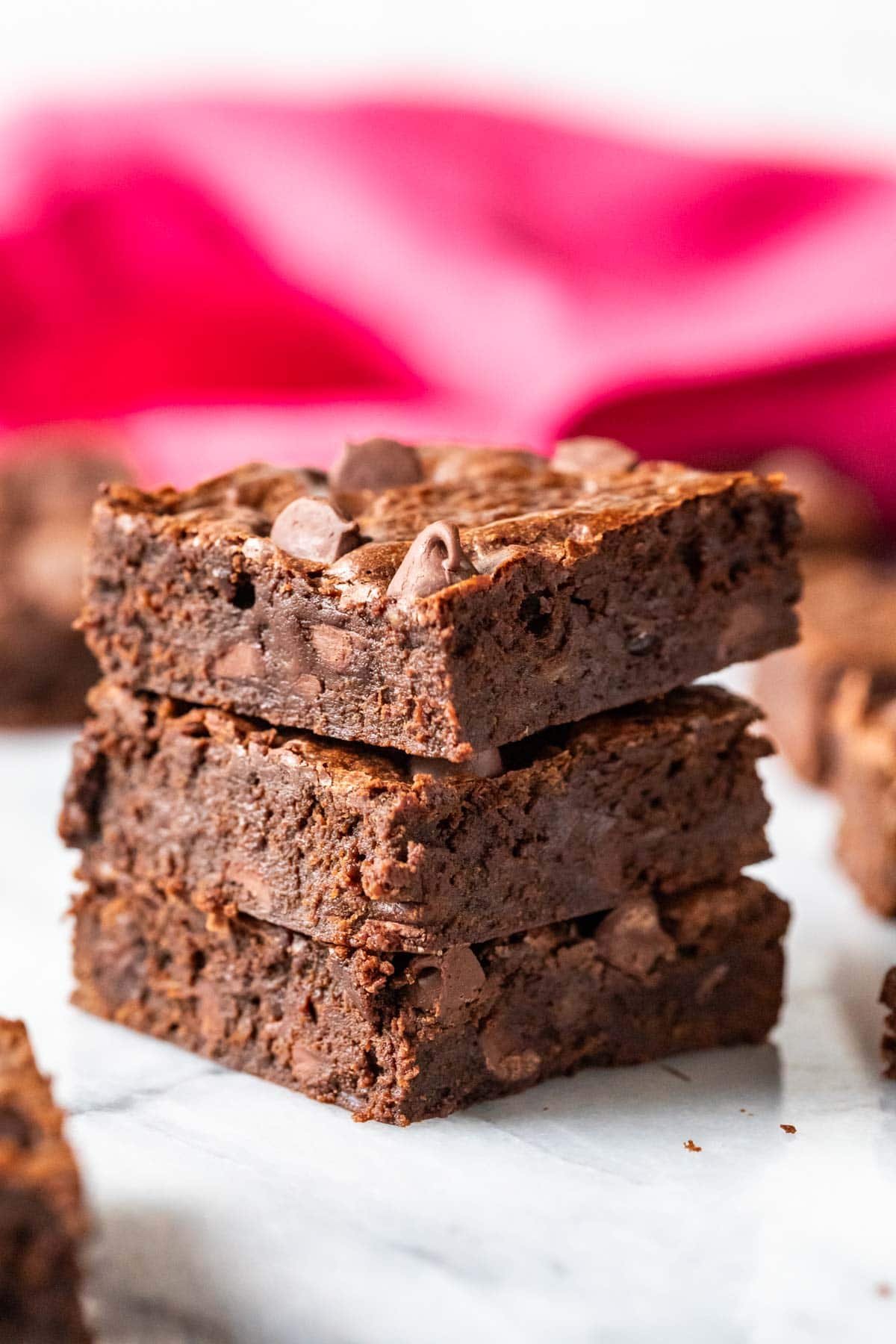 Stack of three banana brownies.