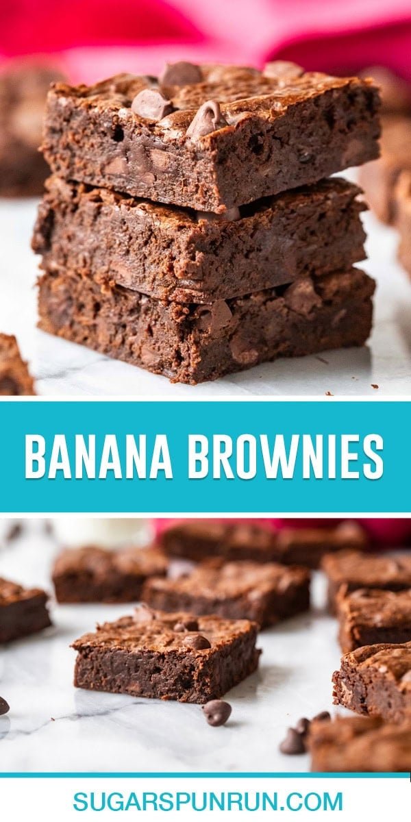 collage of banana brownies, top image of three brownies stacked, bottom image single brownie on marble slab close up