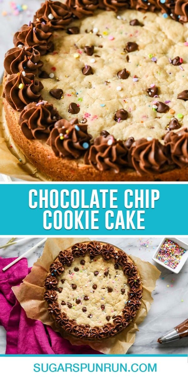 collage of chocolate chip cookie cake, top image a close up of cake, bottom image photograph from above full cake