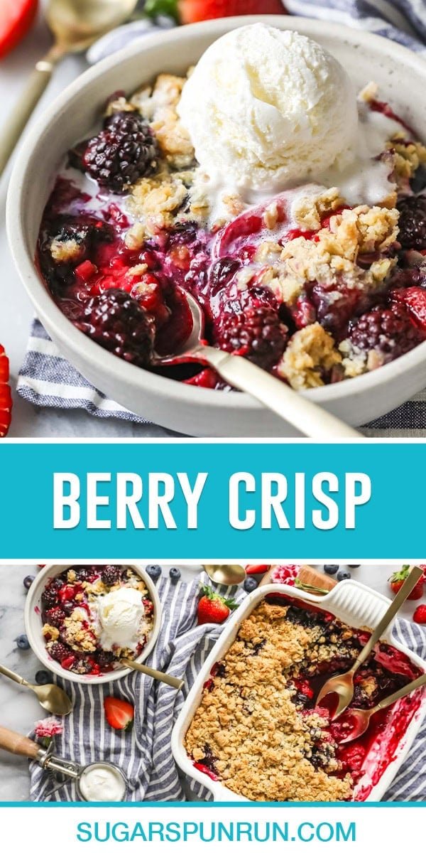 collage of berry crisp, top image is a close up of berry crisp with ice cream on top, bottom image of dish with full casserole of crisp with bowl on side photographed from above
