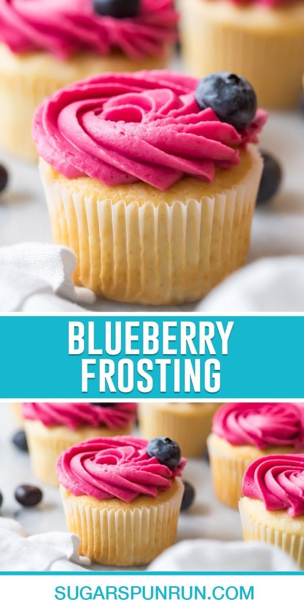 collage of blueberry frosting, top image of single cupcake frosted close up, bottom image same photographed further away