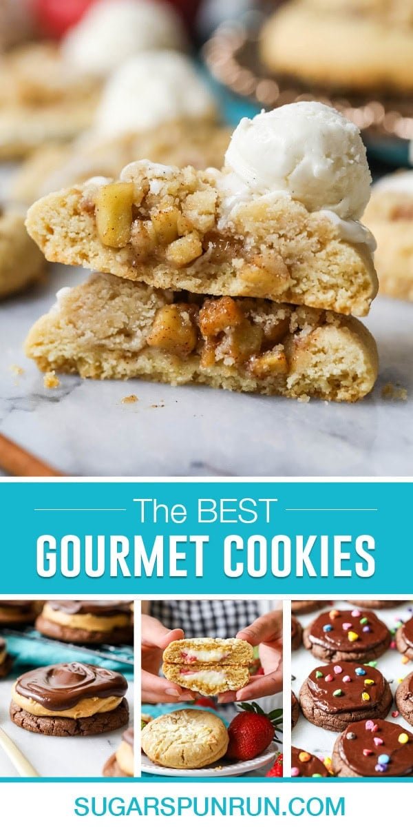 collage of gourmet cookies, top image of apple pie cookies stacked, bottom images include buckeyes cookies, strawberry cheesecake cookies and cosmic cookies