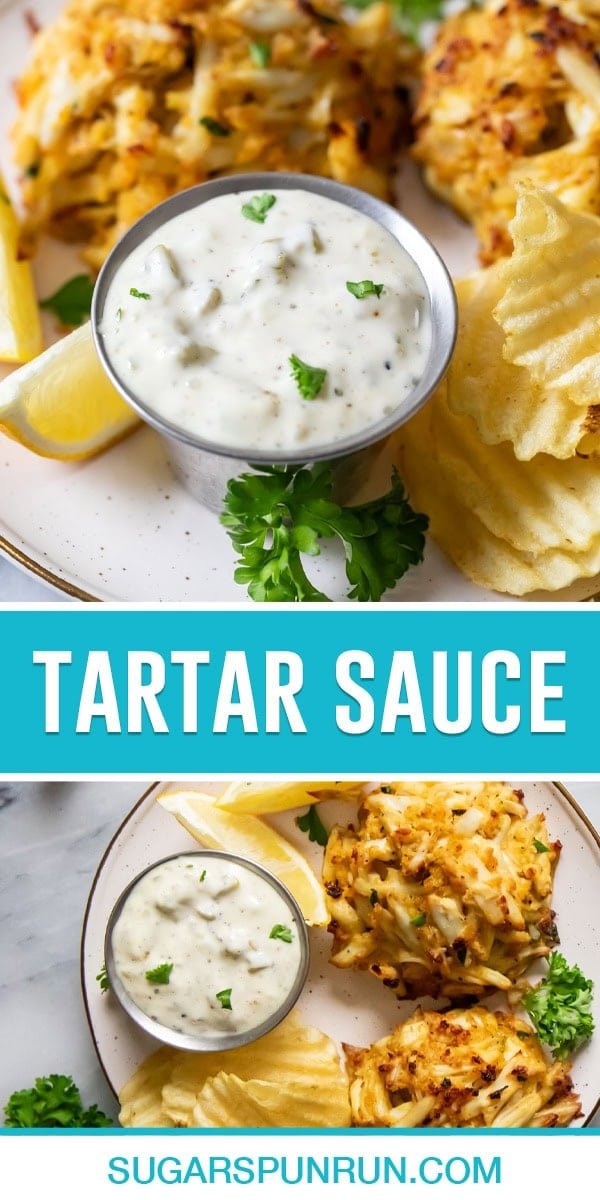 collage of tartar sauce, top image is close up of sauce, bottom of sauce with crab cakes photographed from above