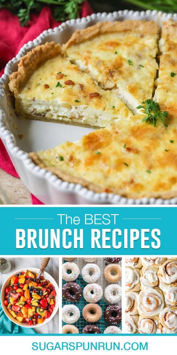 collage of the best brunch recipes, quiche, fruit salad, donuts and overnight cinnamon rolls