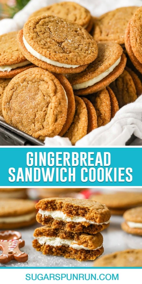 collage of gingerbread sandwich cookies, top image of multiple cookies in basket, bottom image of two cookies stacked