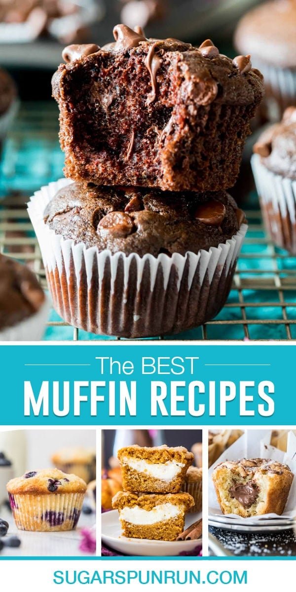 collage of best muffin recipes, top image of double chocolate muffins, bottom images include blueberry, pumpkin and nutella