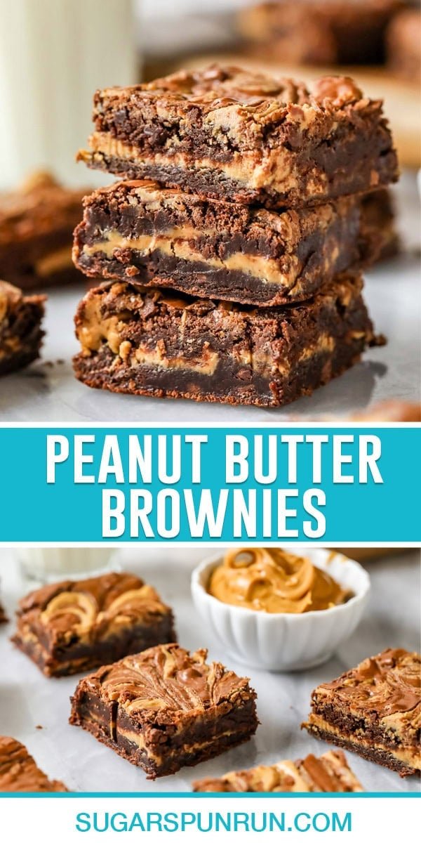 collage of peanut butter brownies, top image of three brownies stacked, bottom image of multiple brownies on marble slab nicely placed.