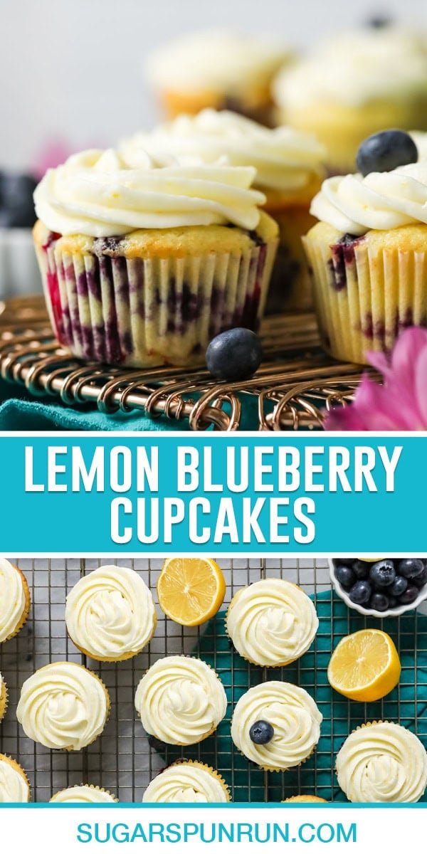 collage of lemon blueberry cupcakes, top image is a close up of multiple cupcakes frosted, bottom image of multiple cupcakes frosted and photographed from above