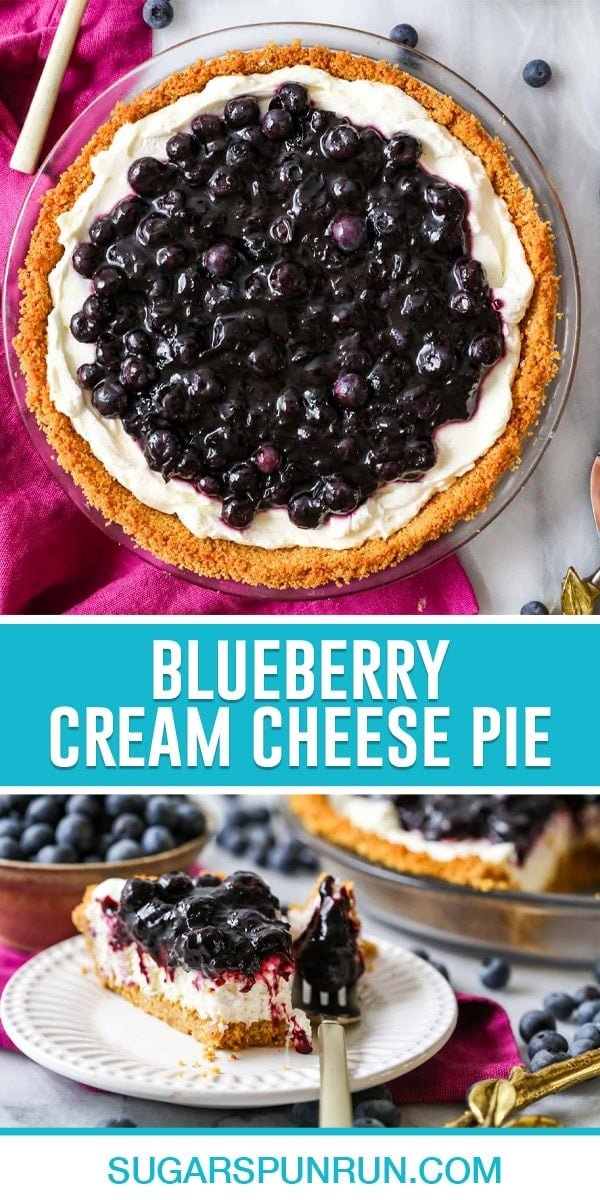 collage of blueberry cream cheese pie, time image is a birds eye view of full pie, bottom image is a close up of a single slice on white plate with a fork filled bite