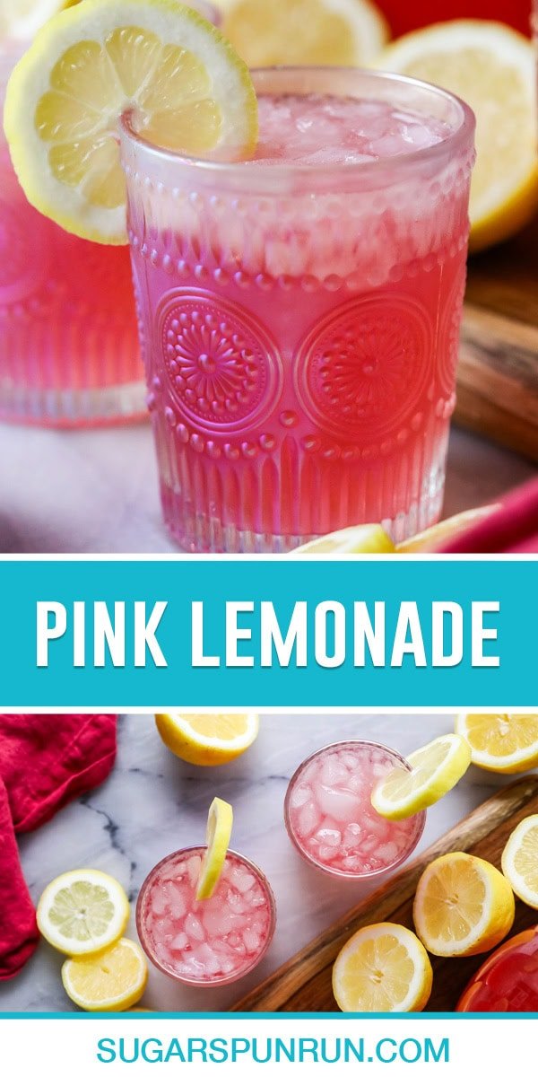 collage of homemade pink lemonade, top image is a close up of single glass of pink lemonade with slice of lemon in rim, bottom image of two glasses photographed from above