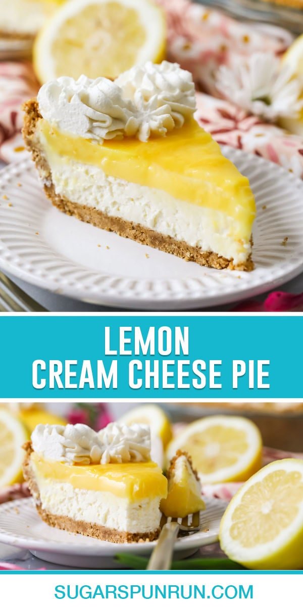 collage of lemon cream cheese pie, top image is a close up of single slice of pie, bottom image with bite taken out on white plate