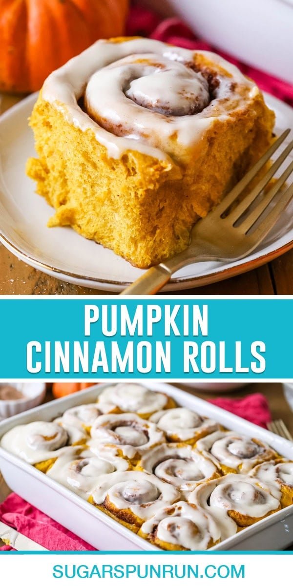 collage of pumpkin cinnamon rolls, top image of single roll on white plate, bottom image of multiple rolls in casserole dish perfectly iced