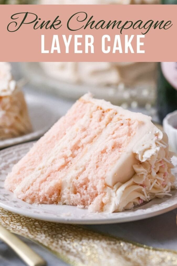 Photo of pink champagne slice with bite taken out and text overlay.