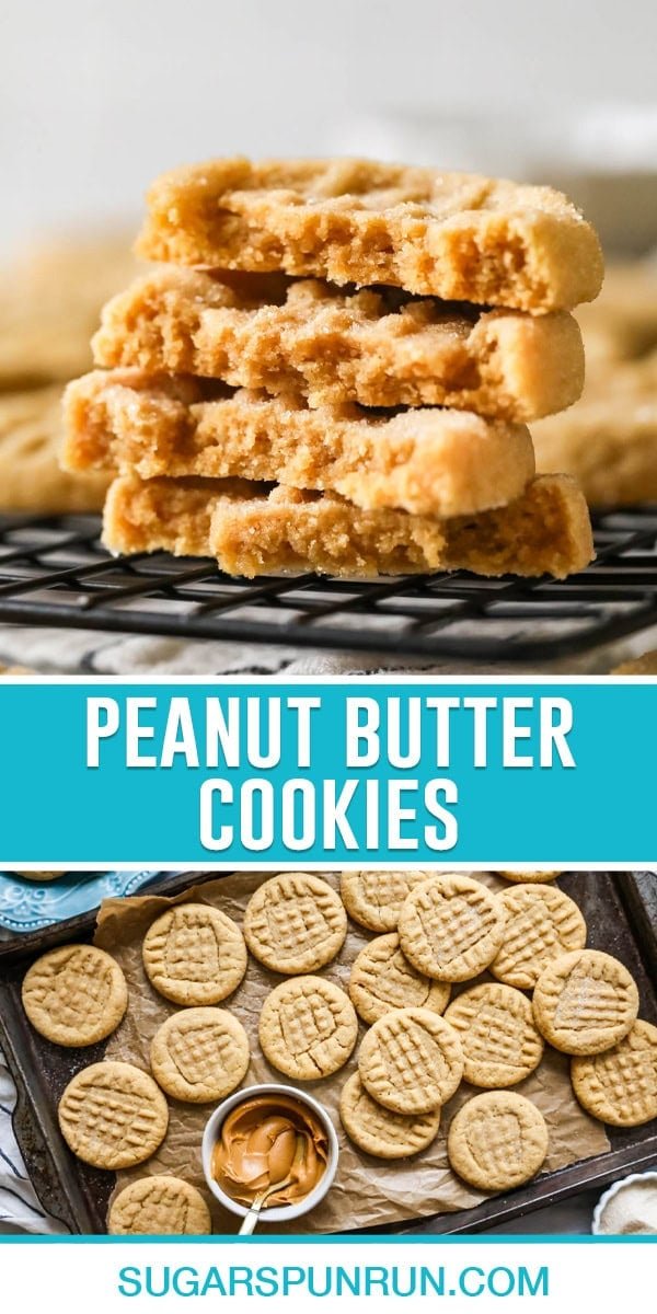 Collage peanut butter cookies, top image of two cookies broken in half and stacked, bottom image is a birds eye view of cookies baked on baking sheet