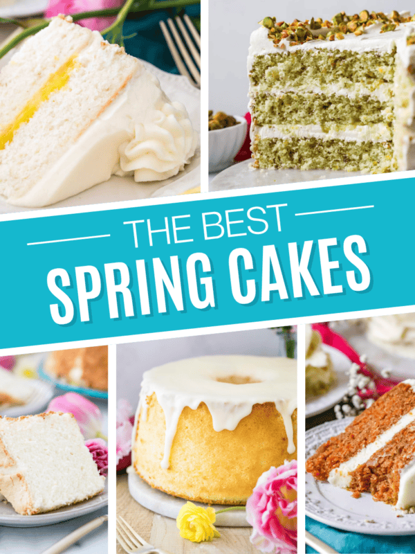 Square collage of spring cakes including lemon cake, pistachio cake, angel food cake, chiffon cake, and carrot cake.