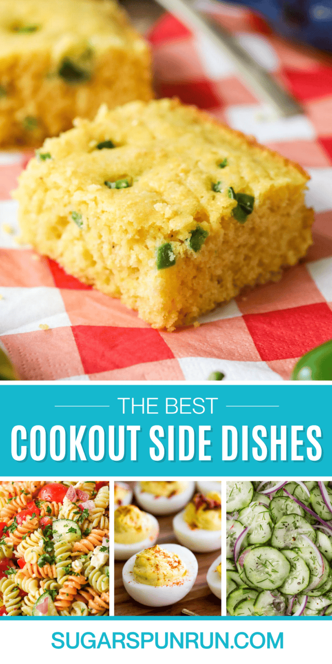 Pinterest collage of cookout side dishes including jalapeno cornbread, pasta salad, deviled eggs, and cucumber salad.