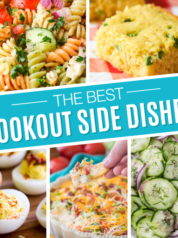 Square collage of cookout side dishes including jalapeno cornbread, pasta salad, deviled eggs, BLT dip, and cucumber salad.