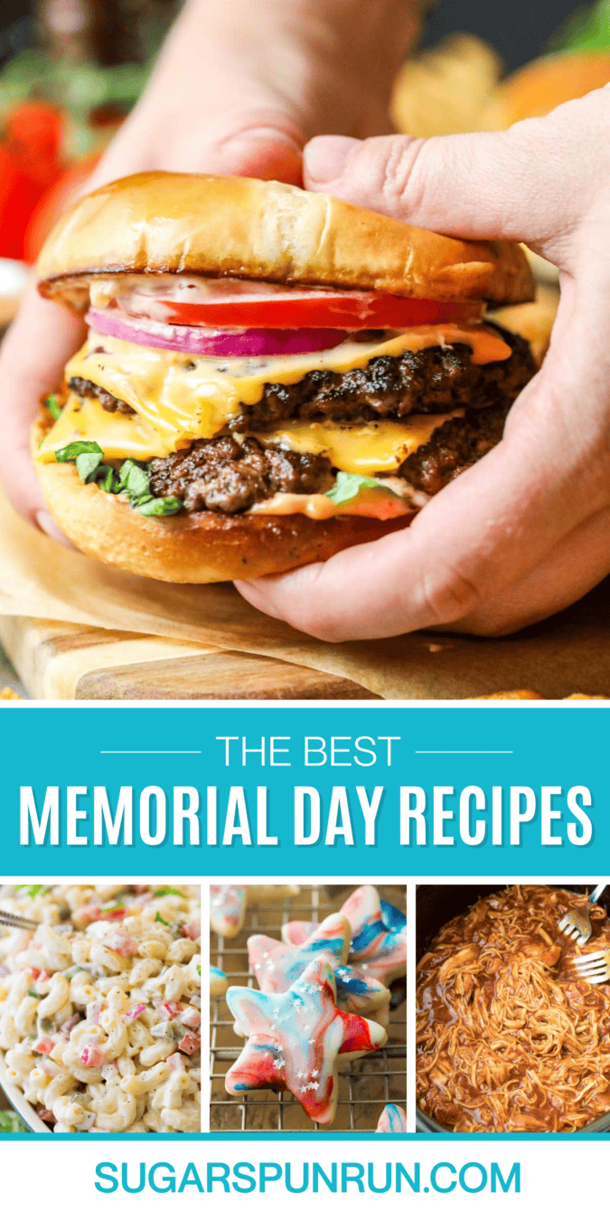Pinterest collage of Memorial Day recipes including smash burgers, macaroni salad, star cookies, and pulled BBQ chicken.