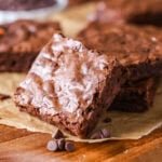 Shiny, crackly topped brownie made from a brownie recipe with cocoa powder.