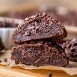 Cross section of thick, bakery style chocolate cookies.
