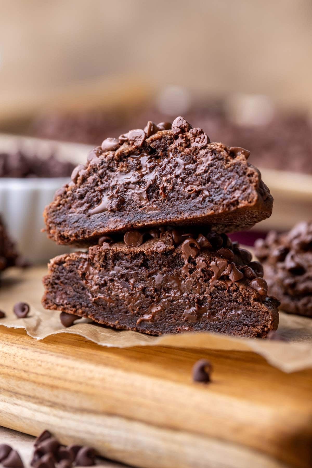 Cross section of thick, bakery style chocolate cookies.