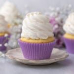 Cupcake topped with a tall swirl of swiss meringue buttercream frosting.